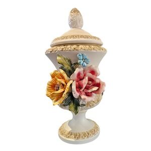 Vtg Capodimonte Italy Lidded Urn 3D Floral Porcelain Pedestal Vase Cream Gold